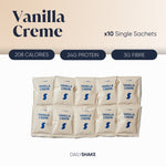 A pack of ten single sachets of Vanilla Creme meal replacement shakes by Daily Shake, indicating 208 calories, 24g protein, and 3g fibre per sachet.