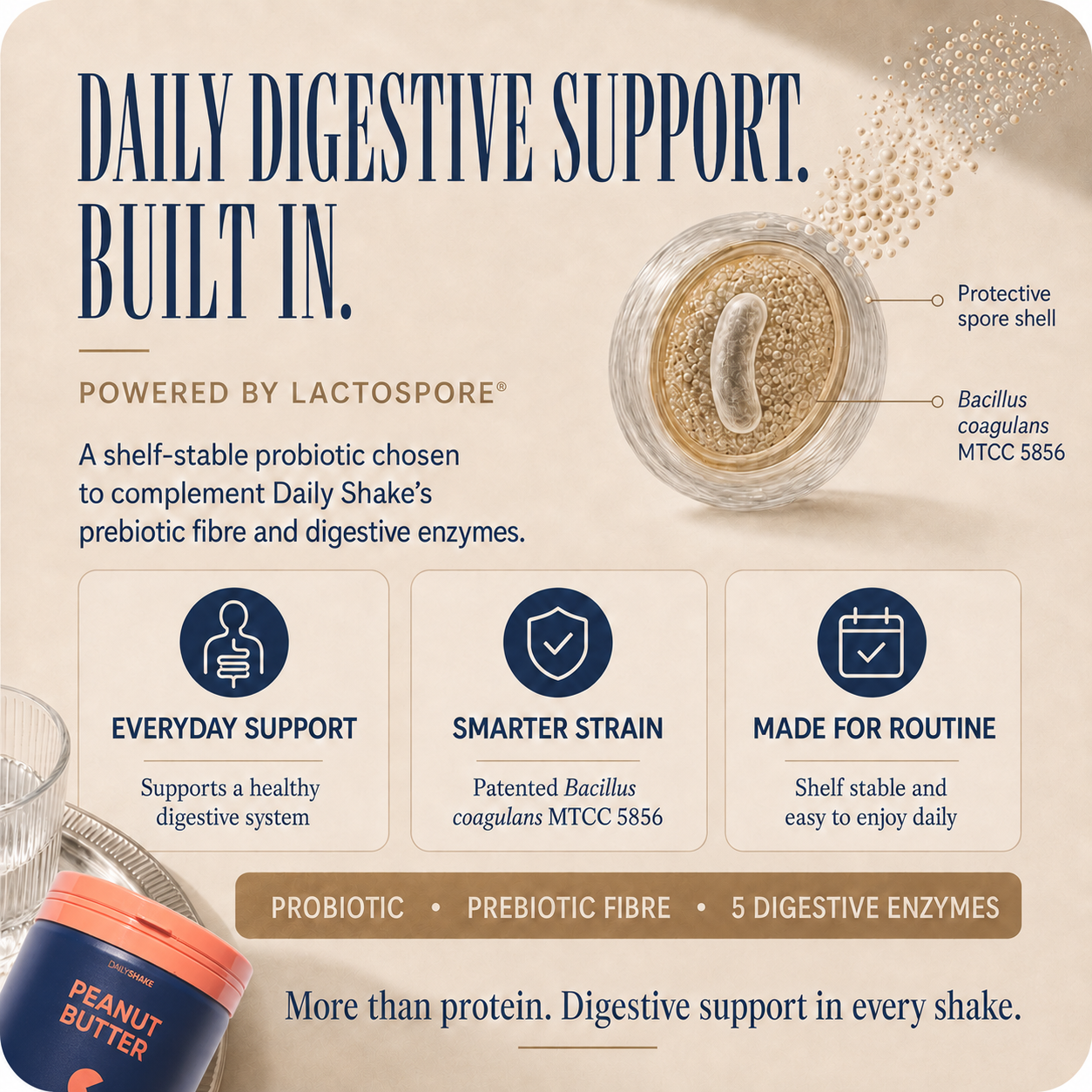 Peanut Butter Daily Shake digestive support with LactoSpore probiotic, prebiotic fibre and five digestive enzymes